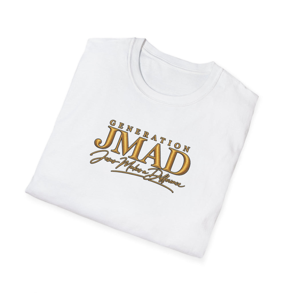A folded white short-sleeve t-shirt with a metallic gold graphic on the front reading 'GENERATION JMAD' and 'Jen-Made Diffuse' in a stylized script.