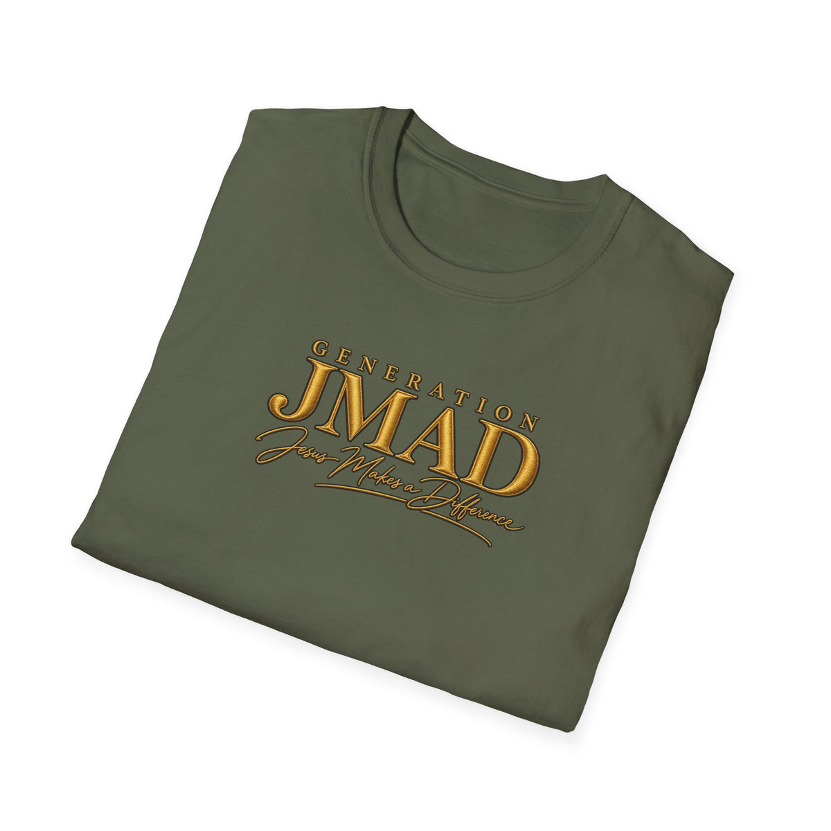 Folded dark gray t-shirt with blue graphic and text on a white background