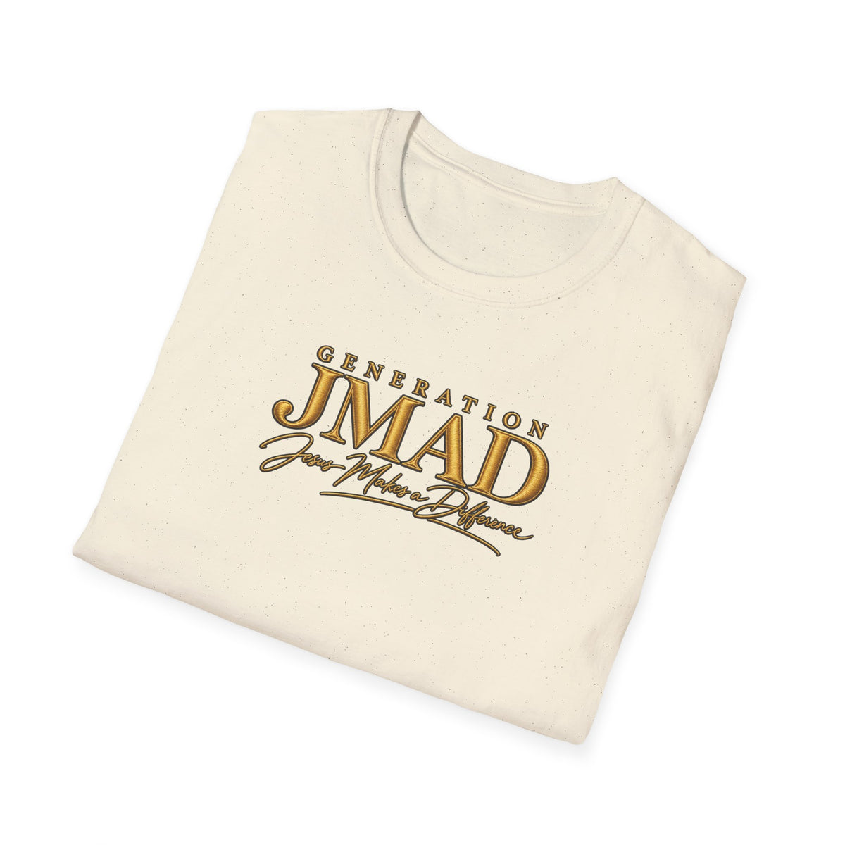 A folded cream-colored cotton t-shirt with a graphic print reading 'GENERATION JMAD' and 'Jen-Made Diffuse' in a metallic gold gradient font, displayed on a clean white background.