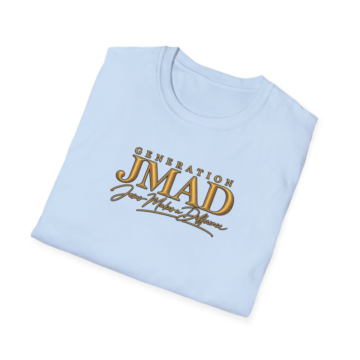A light blue folded t-shirt with a metallic gold graphic on the front reading 'GENERATION JMAD' and 'Jen-Made Diffusion'.