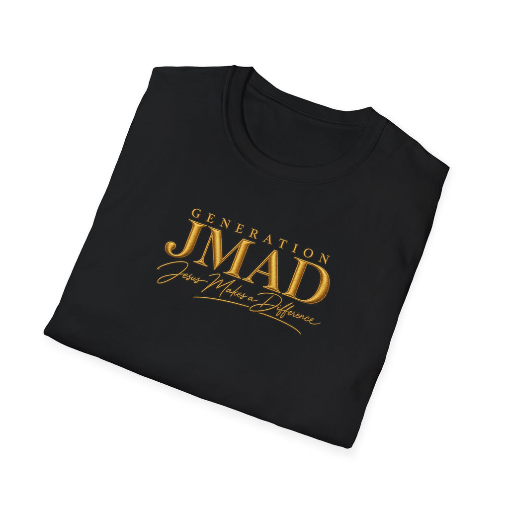 Folded brown t-shirt with yellow text on a white background