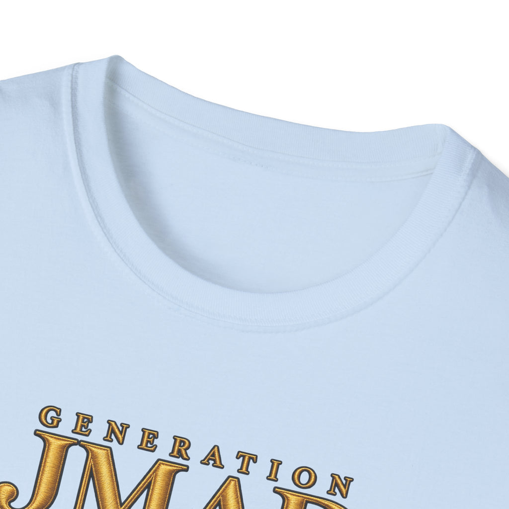 Close-up of a light blue crewneck t-shirt featuring a metallic gold graphic print that reads 'GENERATION JMAE' on the chest, set against a plain white background.
