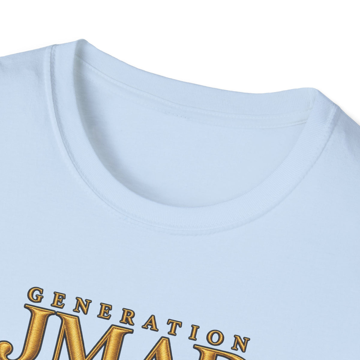 Close-up of a light blue crewneck t-shirt featuring a metallic gold graphic print that reads 'GENERATION JMAE' on the chest, set against a plain white background.