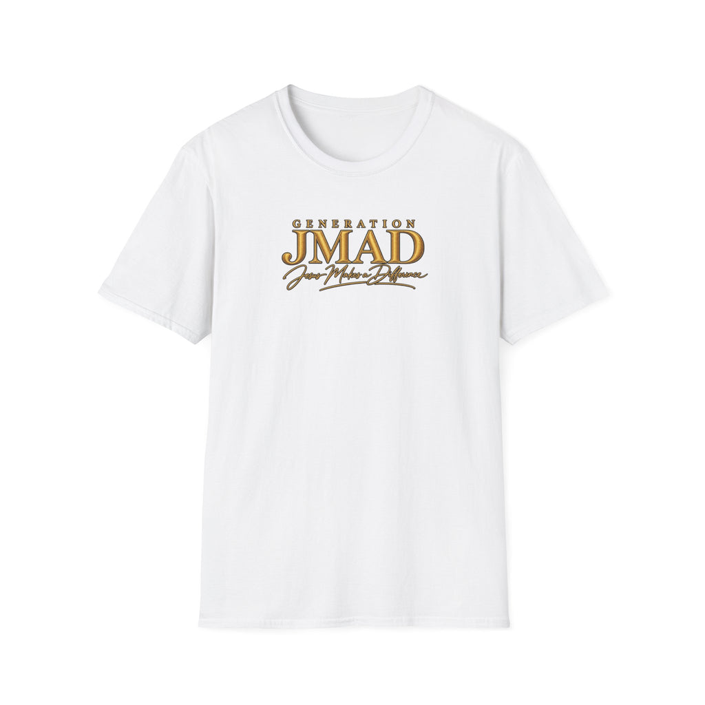 A white short-sleeve crewneck t-shirt with a gold graphic print on the chest reading 'GENERATION JMAD Your Main Driver' on a solid white background.