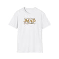 A white short-sleeve crewneck t-shirt with a gold graphic print on the chest reading 'GENERATION JMAD Your Main Driver' on a solid white background.