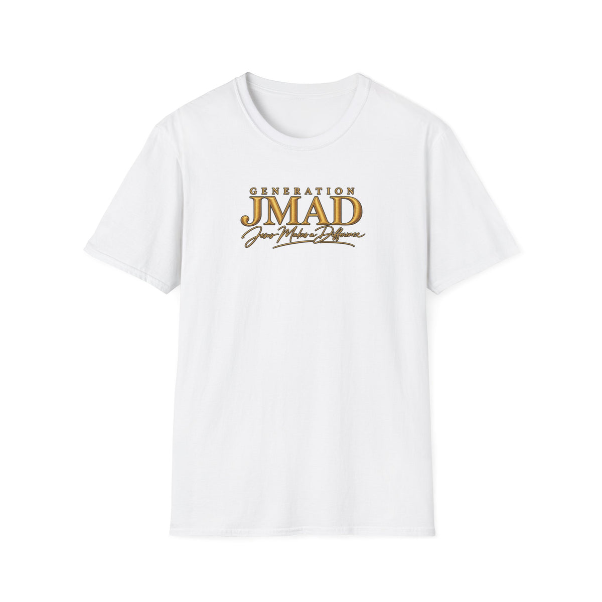 A white short-sleeve crewneck t-shirt with a gold graphic print on the chest reading 'GENERATION JMAD Your Main Driver' on a solid white background.
