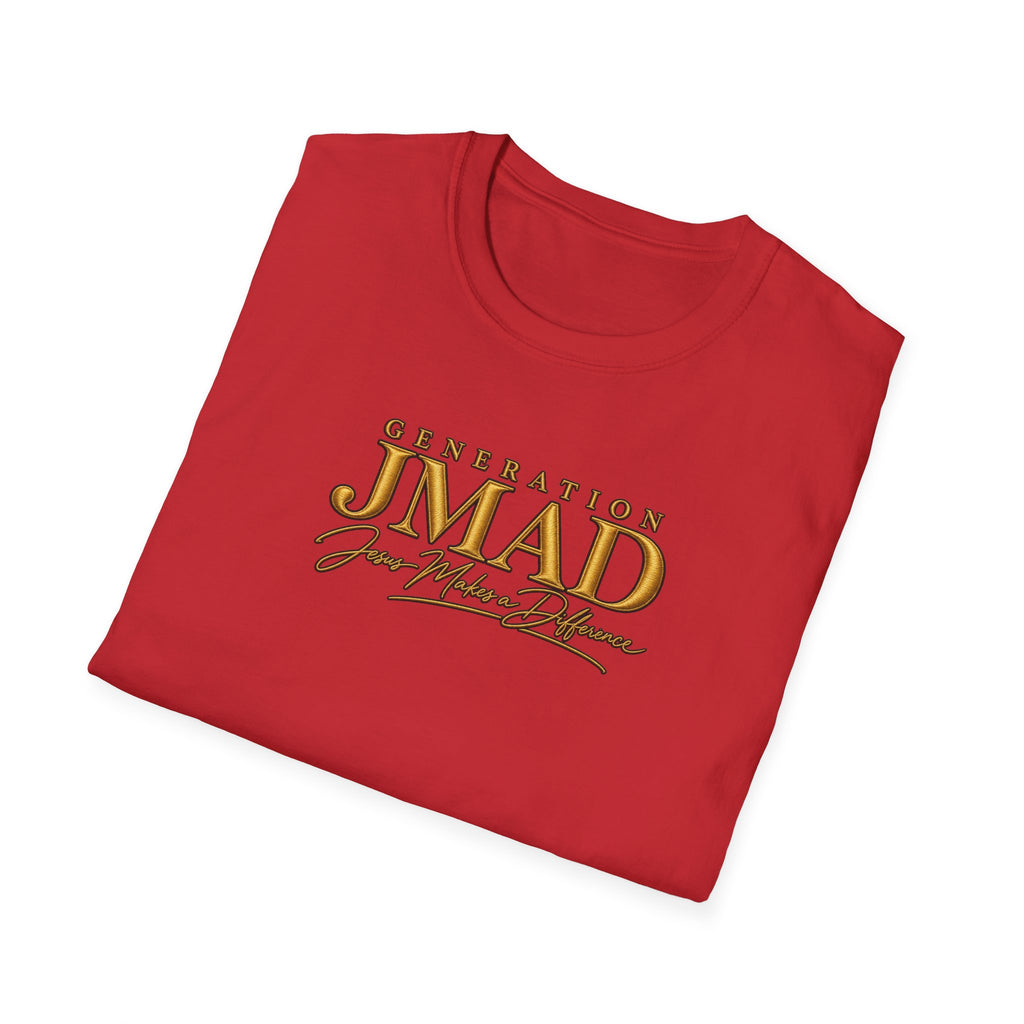 A folded red t-shirt with a gold and black graphic print reading 'GENERATION JMAD' and 'Jax Muscle Defense' on the front, displayed on a clean white background.