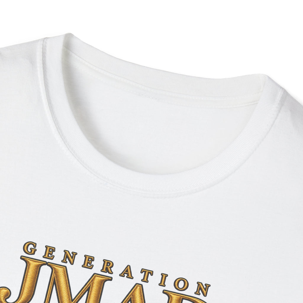 Close-up of a white crewneck t-shirt featuring a metallic gold graphic print that reads 'GENERATION JMAE' on the chest.
