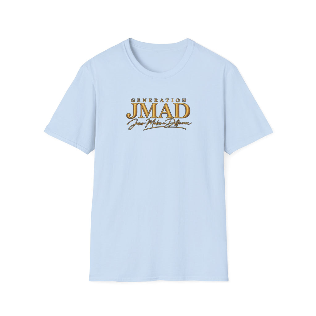 A light blue short-sleeve crewneck t-shirt with a graphic on the chest reading 'GENERATION JMAD Your Music Day' in gold and brown lettering, displayed on a clean white background.