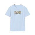 A light blue short-sleeve crewneck t-shirt with a graphic on the chest reading 'GENERATION JMAD Your Music Day' in gold and brown lettering, displayed on a clean white background.