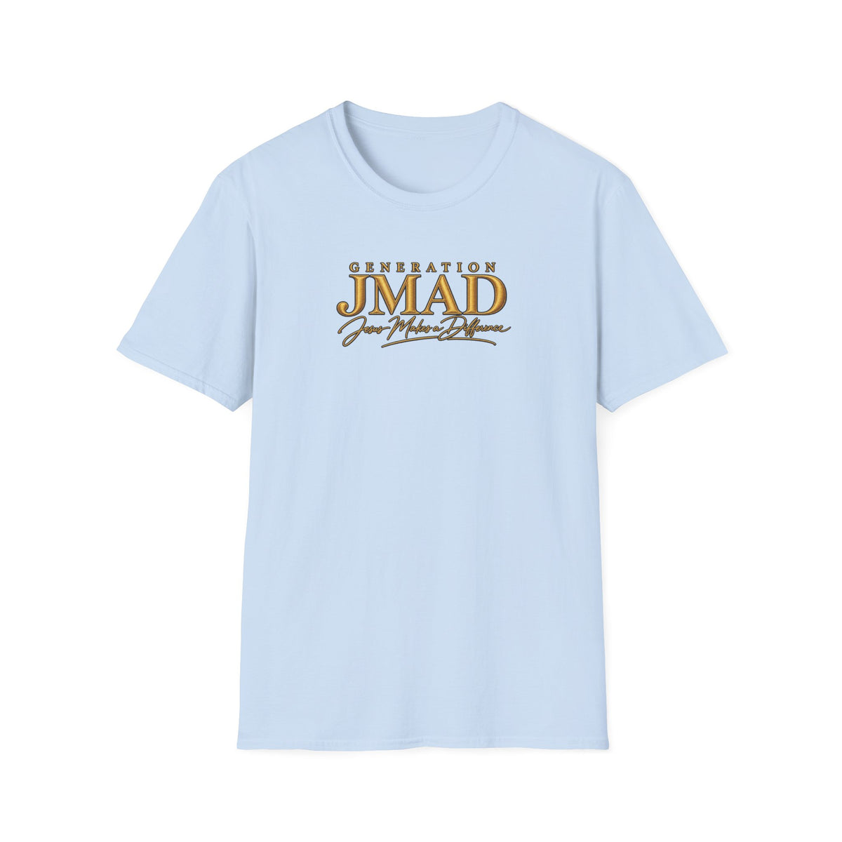 A light blue short-sleeve crewneck t-shirt with a graphic on the chest reading 'GENERATION JMAD Your Music Day' in gold and brown lettering, displayed on a clean white background.