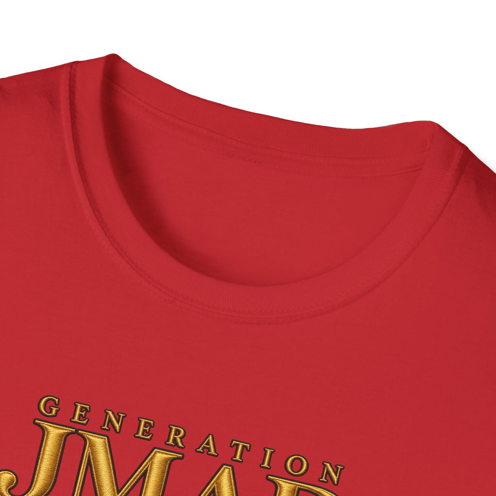 Close-up of a red crew-neck t-shirt featuring a gold metallic-style graphic print that reads 'GENERATION JMAE' on the chest, set against a plain white background.