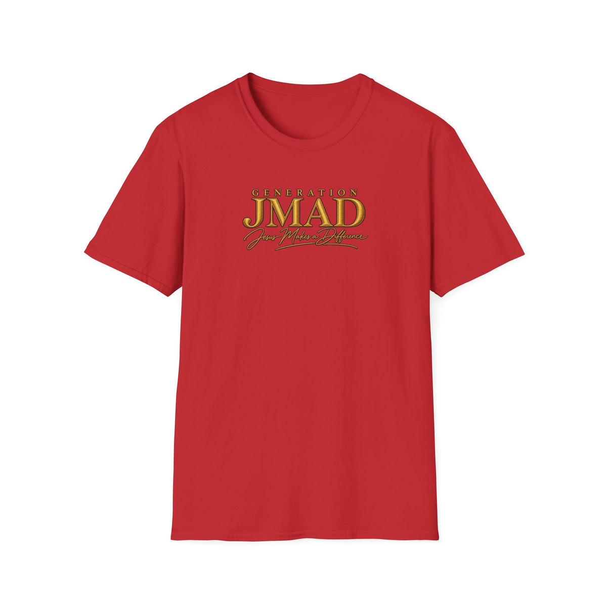 Red t-shirt with black text on a white background