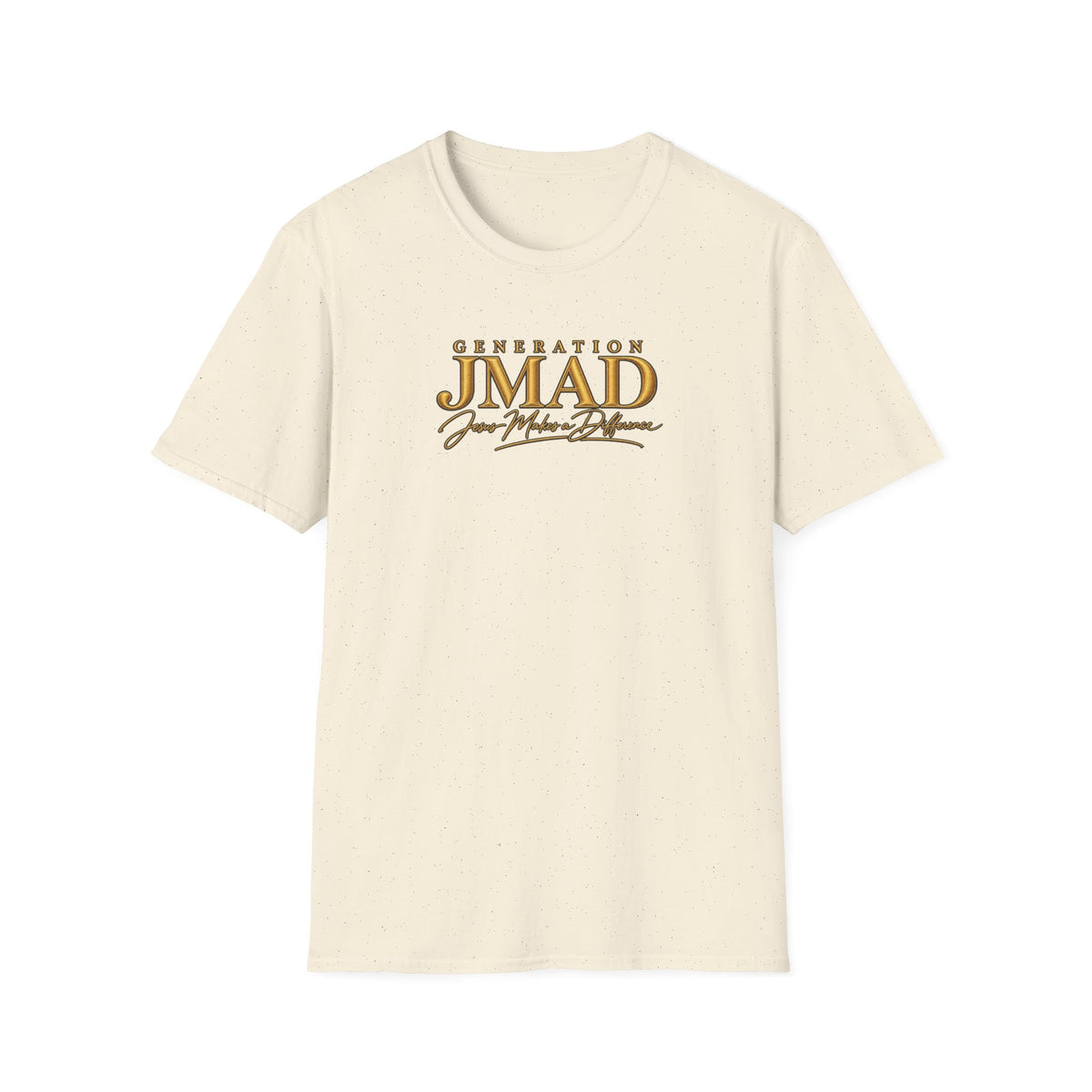 An off-white crewneck t-shirt with a brown graphic print on the chest reading 'GENERATION JMAD Your Mom's Dream'.