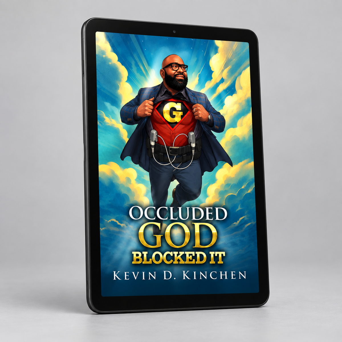 A black tablet device standing upright on a light gray studio background, displaying a colorful book cover with an illustrated superhero figure and the title 'Occluded God Blocked It' by Kevin D. Kinchen.