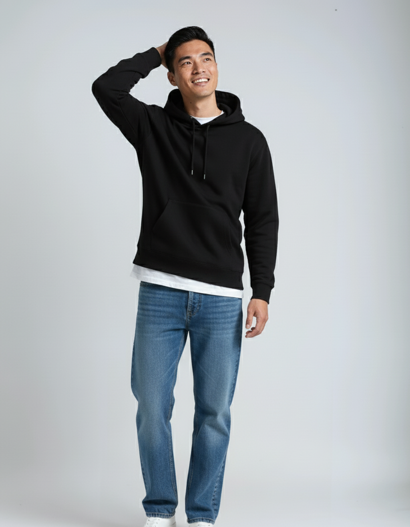 Man wearing a black hoodie and blue jeans against a white background