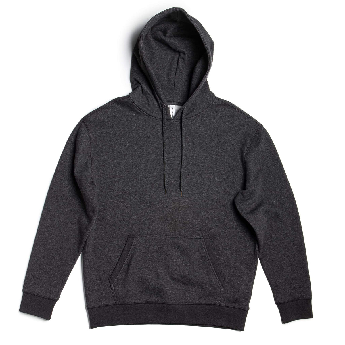 A dark heather gray pullover hoodie with a front kangaroo pocket and matching drawstrings, displayed flat against a white background.