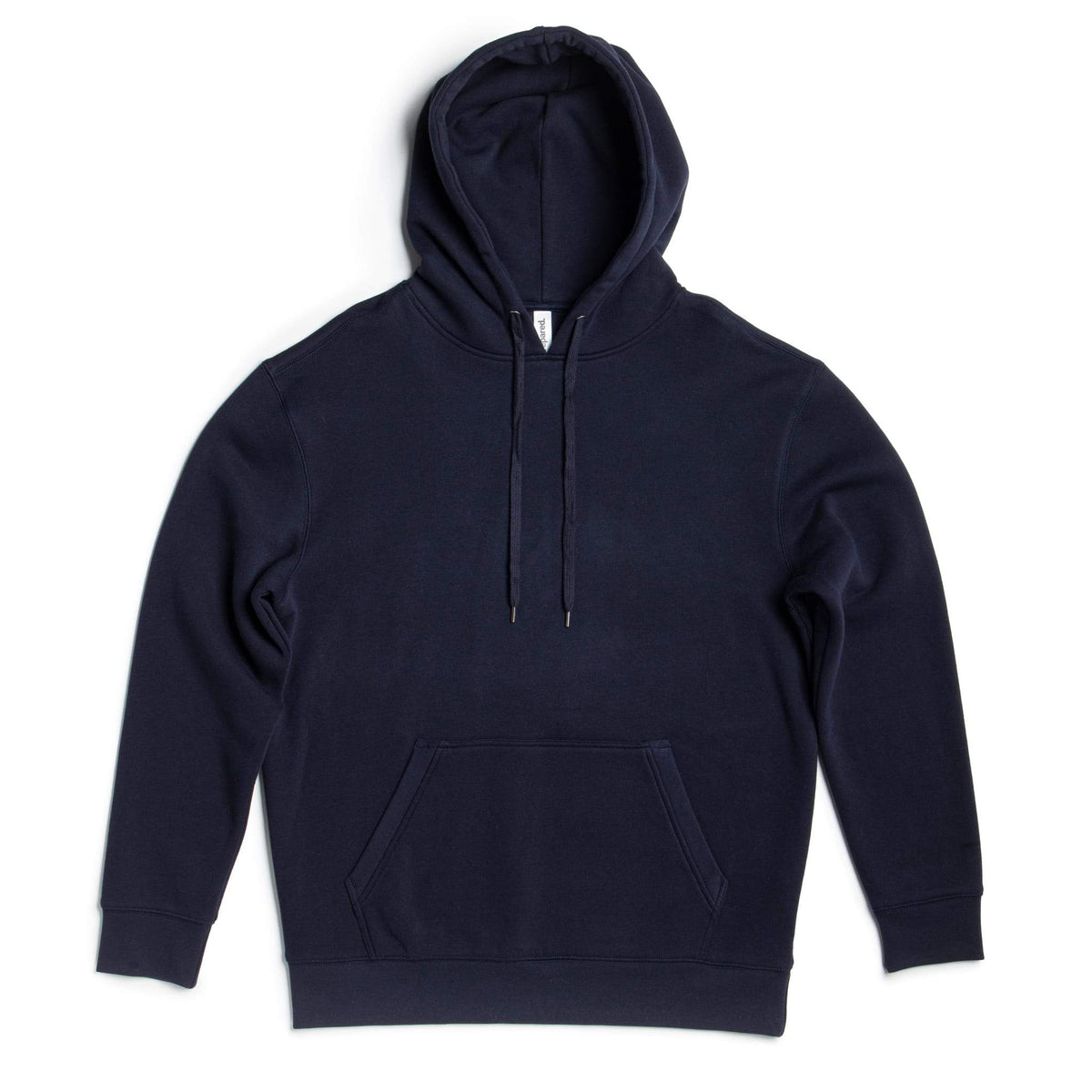 A dark navy blue pullover hoodie with matching drawstrings, displayed flat against a clean white background.